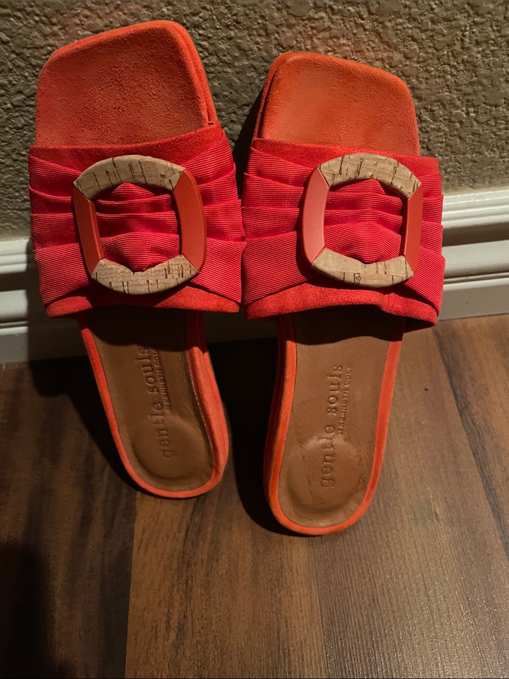 gentle souls Bright Orange Slide Sandals with Cork Accent Buckle